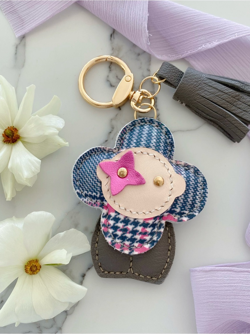Handmade Vivienne Doll Leather Bag Charm - Pink & Gray